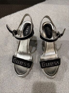 GUESS Black and Silver Crystal Logo Slingback Heels